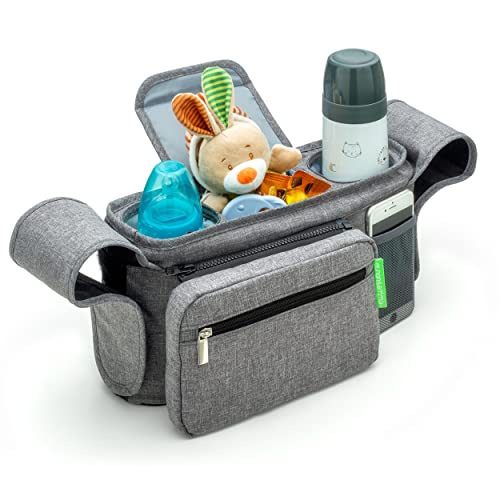 Ethan & Emma Universal Baby Stroller Organizer with Insulated Cup Holders for Smart Moms. Diaper Storage, Secure Straps, Detachable Bag, Pockets for Phone, Keys, Toys. Compact Design Fit All Strollers