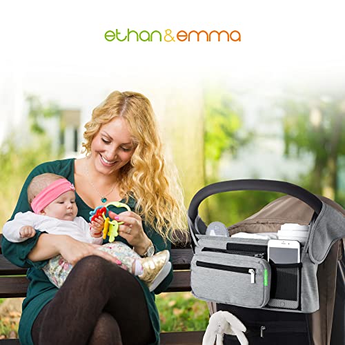 Ethan & Emma Universal Baby Stroller Organizer with Insulated Cup Holders for Smart Moms. Diaper Storage, Secure Straps, Detachable Bag, Pockets for Phone, Keys, Toys. Compact Design Fit All Strollers