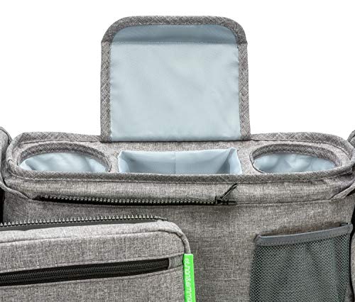 Ethan & Emma Universal Baby Stroller Organizer with Insulated Cup Holders for Smart Moms. Diaper Storage, Secure Straps, Detachable Bag, Pockets for Phone, Keys, Toys. Compact Design Fit All Strollers