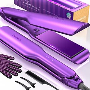 milano by laurenza hair straightener and curler 2 in 1, supermax design 8.5 inch² extra-large 3d floating ceramic flat iron, dual voltage straightening irons with 20 million cm³ anion outlet (purple)