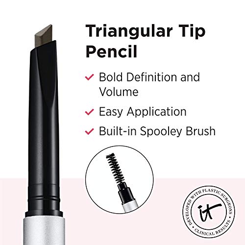 IT Cosmetics Brow PowerFULL, Universal Taupe - Universal Eyebrow Pencil with Triangular Tip - Delivers Bold Volume & Shaping - Budge-Proof Formula - Built-In Spoolie - 0.012 oz