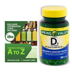 spring valley vitamin d3 supplement, 50 mcg (2,000 iu), 200 ct bundle with exclusive “vitamins & minerals – a to z” – better idea guide (2 items)