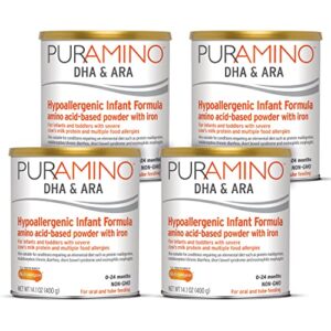 puramino hypoallergenic infant drink, for severe food allergies, omega-3 dha, iron, immune support, powder can, 14.1 oz (pack of 4)