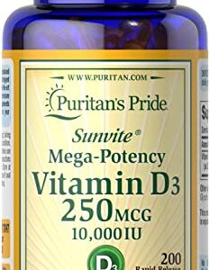 Puritans Pride Vitamin D3 250 mcg (10,000 IU)-200 Softgels, White