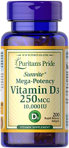 Puritans Pride Vitamin D3 250 mcg (10,000 IU)-200 Softgels, White