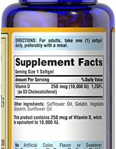 Puritans Pride Vitamin D3 250 mcg (10,000 IU)-200 Softgels, White