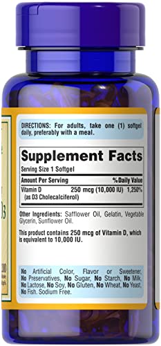 Puritans Pride Vitamin D3 250 mcg (10,000 IU)-200 Softgels, White