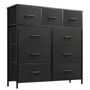 wlive 9-drawer dresser, fabric storage tower for bedroom, hallway, nursery, closets, tall chest organizer unit with textured print fabric bins, steel frame, wood top, easy pull handle, charcoal black