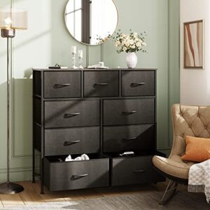 WLIVE 9-Drawer Dresser, Fabric Storage Tower for Bedroom, Hallway, Nursery, Closets, Tall Chest Organizer Unit with Textured Print Fabric Bins, Steel Frame, Wood Top, Easy Pull Handle, Charcoal Black