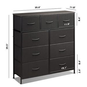 WLIVE 9-Drawer Dresser, Fabric Storage Tower for Bedroom, Hallway, Nursery, Closets, Tall Chest Organizer Unit with Textured Print Fabric Bins, Steel Frame, Wood Top, Easy Pull Handle, Charcoal Black