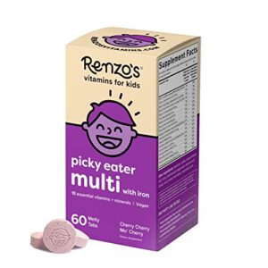 renzo’s picky eater kids multivitamin – vegan multivitamin for kids with iron, vitamin c, and zero sugar, dissolvable and easy to take kids vitamins, cherry flavored childrens vitamins [60 melty tabs]