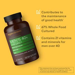 Amazon Elements Men’s 40+ One Daily Multivitamin, 67% Whole Food Cultured, Vegan, 65 Tablets, 2 month supply (Packaging may vary)