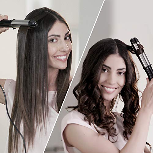 MIRACOMB 3D PRO Nano Titanium Flat Iron, 2 in 1 Hair Straightener Curler with 1 Inch Floating Plates, 11 Temp Adjustments, Max 450 ° F, Auto Shut off, 18 Month Warranty (Package May Vary)