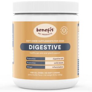 digestive soft chew supplement for dogs, prebiotic, probiotics, fiber. solid stools & stop scooting, vet-developed. allergen-free, plant-based – made in usa – benefit pet products (pumpkin, 90ct)