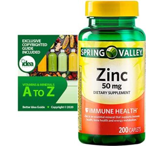 Zinc Caplets Dietary Supplement, Immune Health Support Compatible with Spring Valley, 50 mg, 200 Ct Bundle with Exclusive "Vitamins & Minerals A to Z" - Better Idea Guide (2 Items)