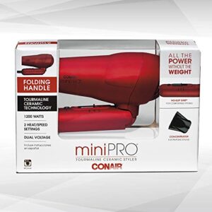 Conair miniPRO Tourmaline Ceramic Travel Hair Dryer with Folding Handle, Red