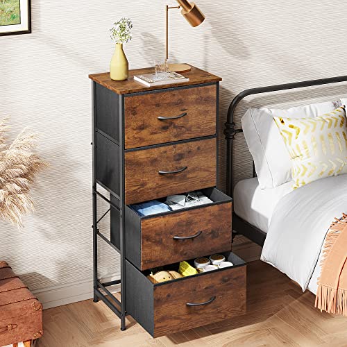 WLIVE Dresser with 4 Drawers, Fabric Storage Tower, Organizer Unit for Bedroom, Hallway, Entryway, Closets, Sturdy Steel Frame, Wood Top, Easy Pull Handle, Rustic Brown Wood Grain Print