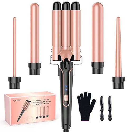 Waver Curling Iron Curling Wand - BESTOPE PRO 5 in 1 Curling Wand Set with 3 Barrel Hair Crimper for Women, Fast Heating Crimper Wand Curler in All Hair Type