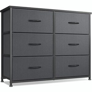 cubicubi dresser for bedroom, 6 drawer storage organizer tall wide dresser for bedroom hallway, sturdy steel frame wood top, black grey