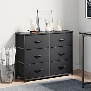 CubiCubi Dresser for Bedroom, 6 Drawer Storage Organizer Tall Wide Dresser for Bedroom Hallway, Sturdy Steel Frame Wood Top, Black Grey