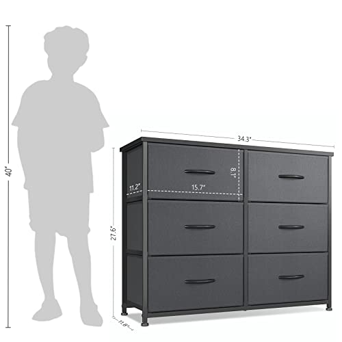 CubiCubi Dresser for Bedroom, 6 Drawer Storage Organizer Tall Wide Dresser for Bedroom Hallway, Sturdy Steel Frame Wood Top, Black Grey
