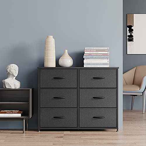 CubiCubi Dresser for Bedroom, 6 Drawer Storage Organizer Tall Wide Dresser for Bedroom Hallway, Sturdy Steel Frame Wood Top, Black Grey