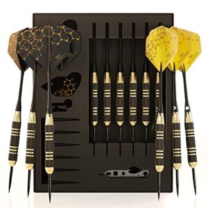 cc-exquisite premium steel tip darts set – professional darts, brass barrels, metal tip darts, extra flights, (12) aluminum shafts 35/48, o-rings, dart tool, dart sharpener, darts case.