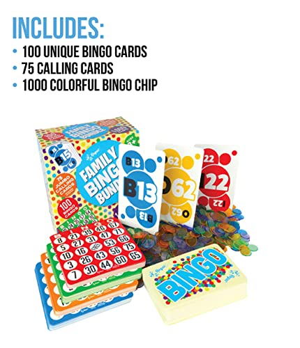 Regal Games - Family Bingo Bundle - Includes 100 Unique Bingo Cards, 75 Jumbo Calling Cards, 1000 Colorful Chips - Fun Family-Friendly Game - Ideal for Large Groups, Parties, Game Nights - Ages 8+