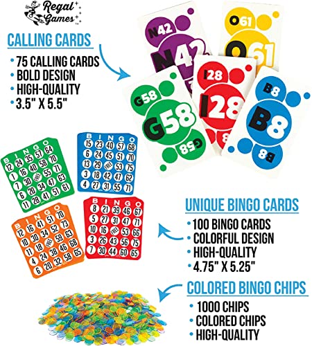 Regal Games - Family Bingo Bundle - Includes 100 Unique Bingo Cards, 75 Jumbo Calling Cards, 1000 Colorful Chips - Fun Family-Friendly Game - Ideal for Large Groups, Parties, Game Nights - Ages 8+