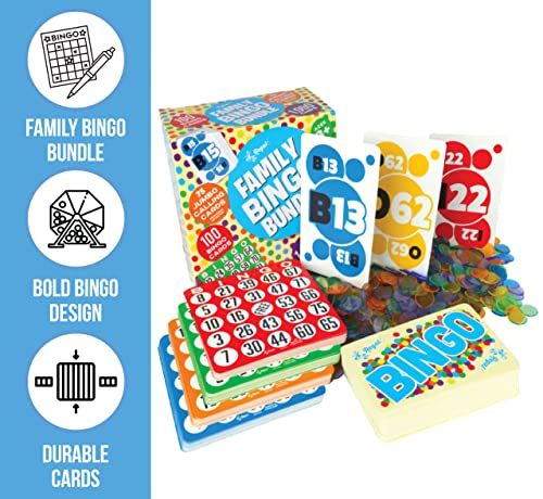 Regal Games - Family Bingo Bundle - Includes 100 Unique Bingo Cards, 75 Jumbo Calling Cards, 1000 Colorful Chips - Fun Family-Friendly Game - Ideal for Large Groups, Parties, Game Nights - Ages 8+