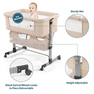 nordmiex 3in1 Bedside Crib for Baby Girl or Boy, Bedside Sleeper Crib for Baby Portable and Adjustable Crib with Mosquito net for Newborn Baby,Deep Khaki