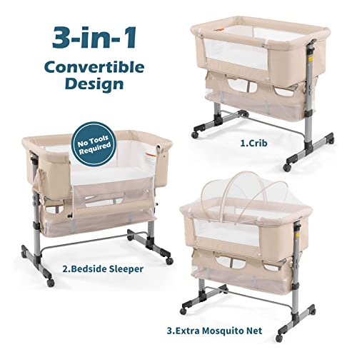 nordmiex 3in1 Bedside Crib for Baby Girl or Boy, Bedside Sleeper Crib for Baby Portable and Adjustable Crib with Mosquito net for Newborn Baby,Deep Khaki