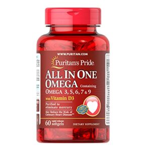 Puritans Pride All in One Omega 3, 5, 6, 7 and 9 with Vitamin D3, 60 Count(Pack of 1)