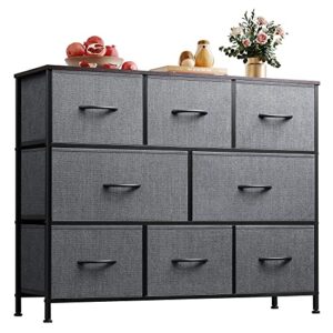 wlive fabric dresser for bedroom, chest of drawers, bedroom dresser tv stand for 32 40 43 inch tv, wide dresser with 8 large deep drawers for living room, closet, dormitory, dark grey