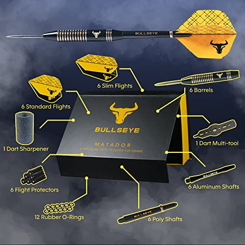 Bullseye Matador Darts Metal Tip Set - 22g Professional Darts Steel Tip Set W/Case - Metal Tip Darts Set for Rec Room Or Man Cave Accessories - Includes Dart Flights, Shafts, Barrels, & Other Extras