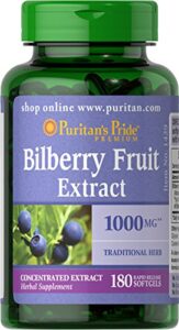 puritans pride bilberry extract, contains antioxidant properties*, 1000mg equivalent, 180 rapid release softgels