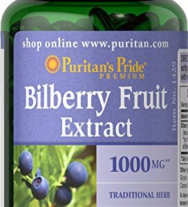 Puritans Pride Bilberry Extract, Contains Antioxidant Properties*, 1000mg Equivalent, 180 Rapid Release Softgels