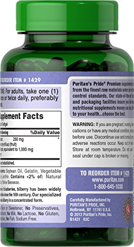 Puritans Pride Bilberry Extract, Contains Antioxidant Properties*, 1000mg Equivalent, 180 Rapid Release Softgels