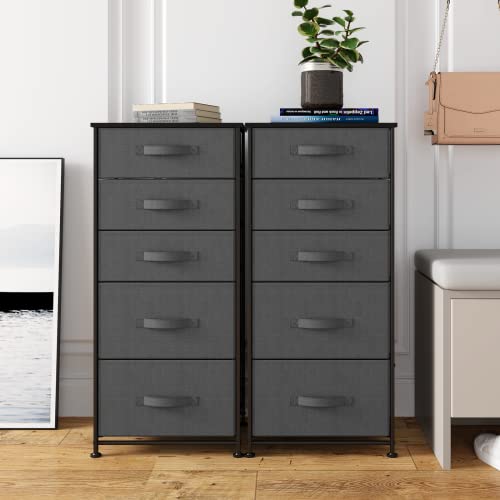 Sehloran 5 Drawer Dresser for Bedroom, Dessers Storage Tower, Chests of Drawers, Removable Tall Fabric Bins, Dresser Organizers Unit for Hallway, Entryway, Closets, Wood Top, Gray