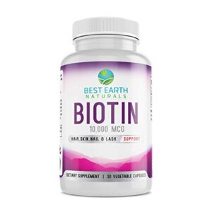 best earth naturals biotin 10,000mcg – extra strength biotin vitamin supplement to support hair growth, strong nails, longer eye lashes and healthy skin