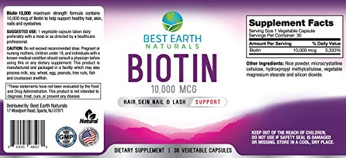 Best Earth Naturals Biotin 10,000mcg - Extra Strength Biotin Vitamin Supplement to Support Hair Growth, Strong Nails, Longer Eye Lashes and Healthy Skin