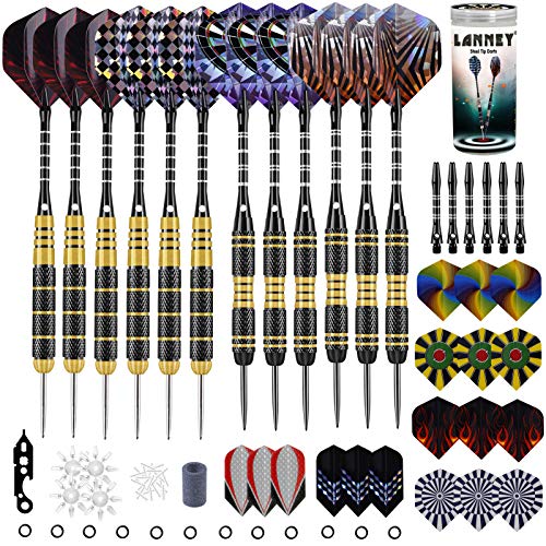 LANNEY Darts Metal Tip Set, 24 Grams and 20 Grams Tipped Metal Darts Steel Tip Set Professional with Aluminum Shafts, Brass Barrels, Sharpener Tool Kit, Carrying Case, Extra Dart Flights Accessories