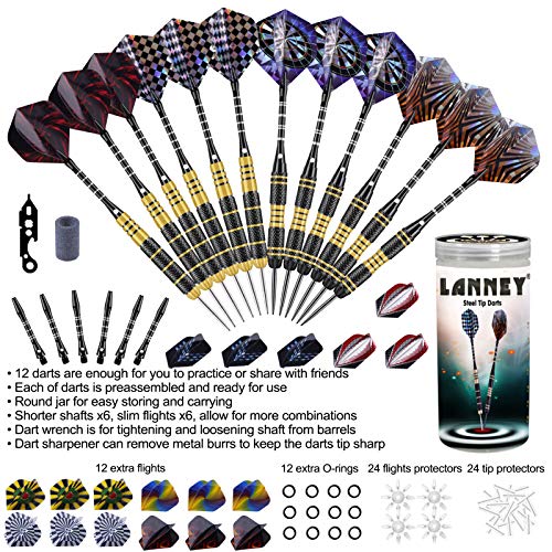 LANNEY Darts Metal Tip Set, 24 Grams and 20 Grams Tipped Metal Darts Steel Tip Set Professional with Aluminum Shafts, Brass Barrels, Sharpener Tool Kit, Carrying Case, Extra Dart Flights Accessories