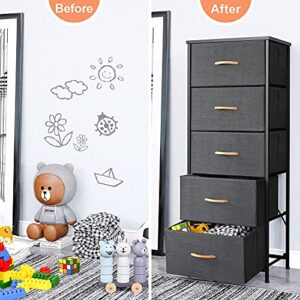 Crestlive Products Vertical Dresser Storage Tower - Sturdy Steel Frame, Wood Top, Easy Pull Fabric Bins, Wood Handles - Organizer Unit for Bedroom, Hallway, Entryway, Closets - 5 Drawers (Gray)