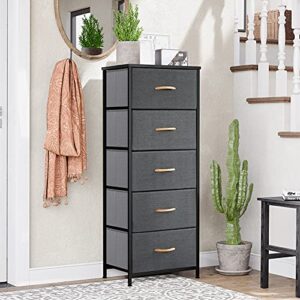 Crestlive Products Vertical Dresser Storage Tower - Sturdy Steel Frame, Wood Top, Easy Pull Fabric Bins, Wood Handles - Organizer Unit for Bedroom, Hallway, Entryway, Closets - 5 Drawers (Gray)