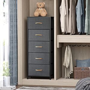 Crestlive Products Vertical Dresser Storage Tower - Sturdy Steel Frame, Wood Top, Easy Pull Fabric Bins, Wood Handles - Organizer Unit for Bedroom, Hallway, Entryway, Closets - 5 Drawers (Gray)