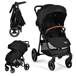 baby joy baby stroller, high landscape infant carriage newborn pushchair with foot cover, cup holder, 5-point harness, adjustable backrest & canopy, suspension wheels, easy one-hand fold (black)