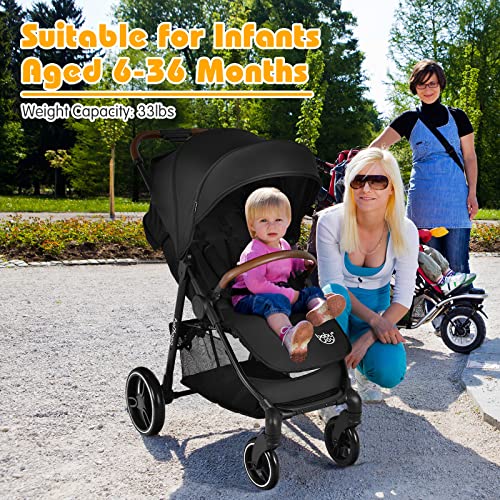 BABY JOY Baby Stroller, High Landscape Infant Carriage Newborn Pushchair with Foot Cover, Cup Holder, 5-Point Harness, Adjustable Backrest & Canopy, Suspension Wheels, Easy One-Hand Fold (Black)