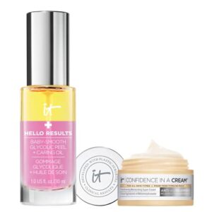 it cosmetics hello results baby-smooth glycolic acid peel + caring face oil (1 fl oz) & confidence in a cream face moisturizer (0.5 fl oz) – gentle exfoliation & soothing hydration for all skin types