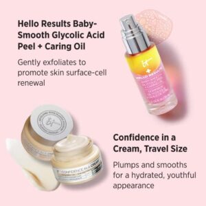 IT Cosmetics Hello Results Baby-Smooth Glycolic Acid Peel + Caring Face Oil (1 fl oz) & Confidence in a Cream Face Moisturizer (0.5 fl oz) - Gentle Exfoliation & Soothing Hydration for All Skin Types